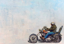 Load image into Gallery viewer, Motorcycle with rider on a textured light blue background